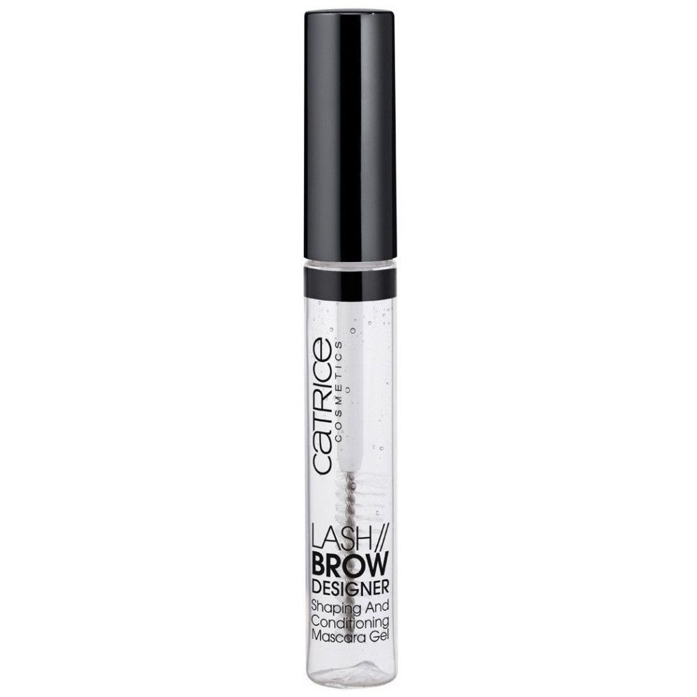 Tube de mascara transparent avec bouchon noir. Inscription : Catrice, LASH // BROW DESIGNER, Shaping And Conditioning Mascara Gel.
