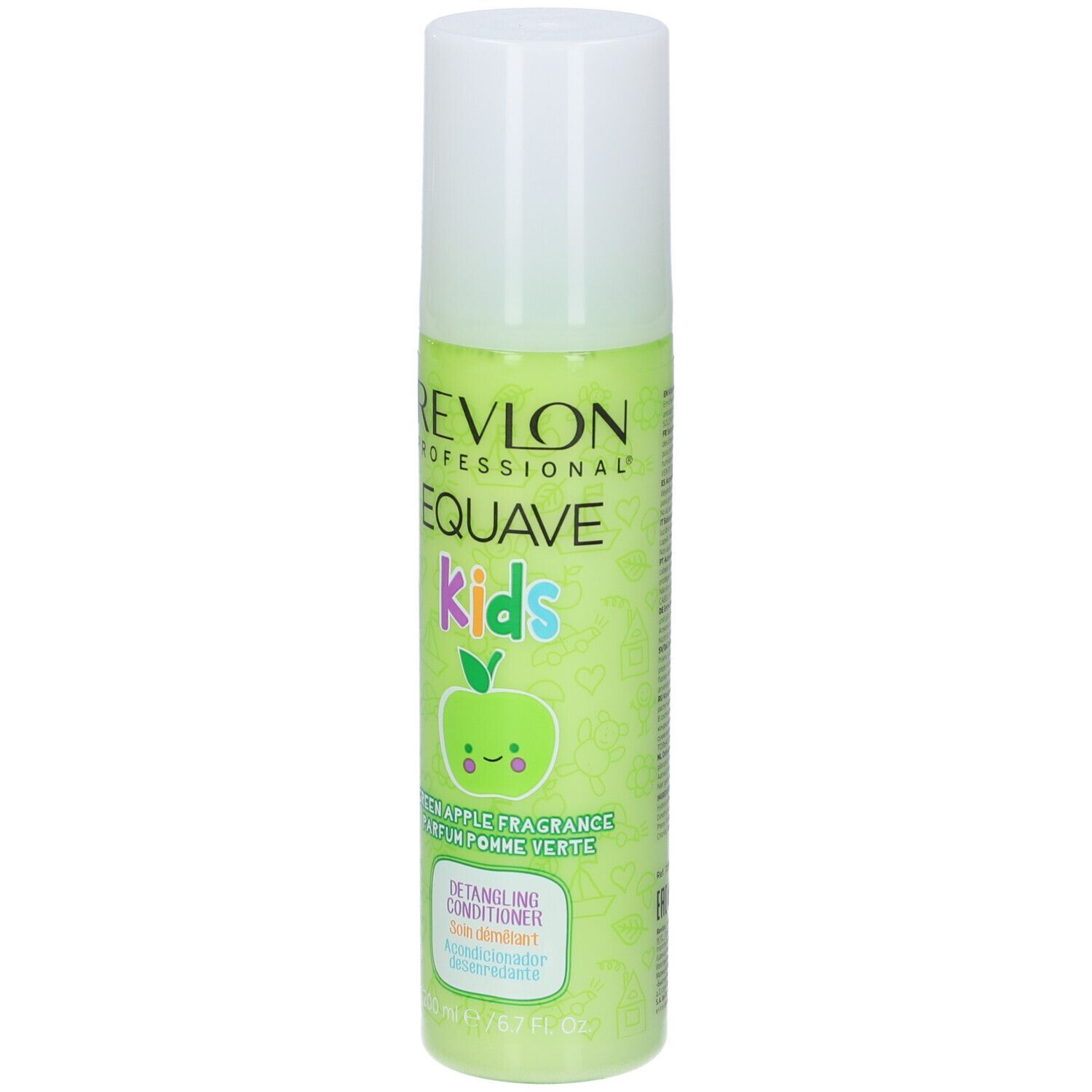 Flacon vert avec bouchon blanc. Texte: Revlon Professional Equave Kids. Démêlant.