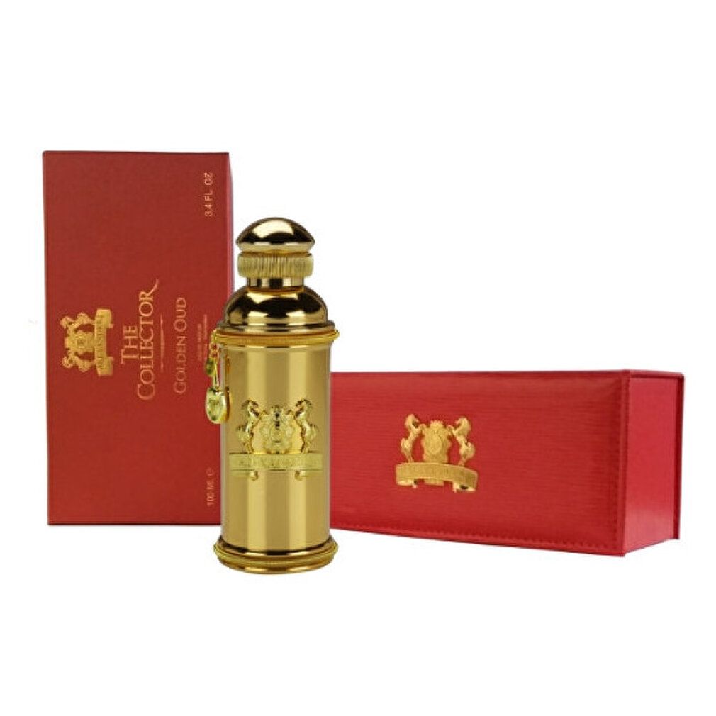 Vaporisateur Golden Oud Eau de Parfum avec boîte cadeau rouge et couvercle.