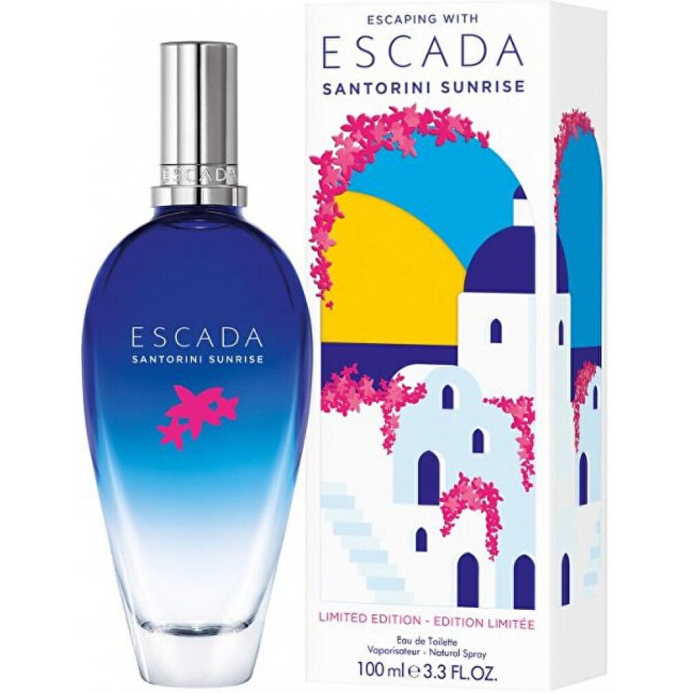 Flacon et emballage Escada Santorini Sunrise. Flacon bleu-blanc, emballage avec motif de paysage et lettrage.