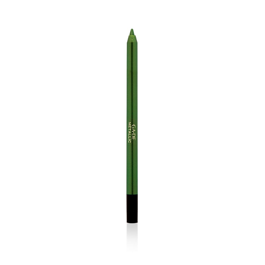 Crayon eye-liner vert métallisé. Pointe noire, corps vert avec texte blanc. Marque : Ga-De Metallic.