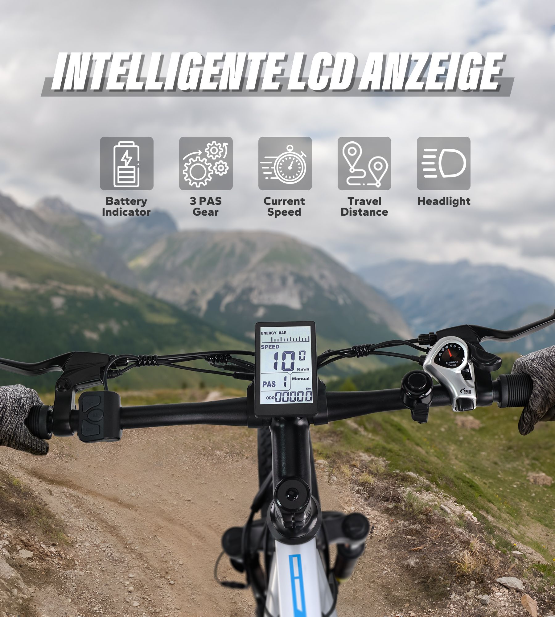 E-bike stuur met intelligent LCD-scherm. Batterij-indicator, 3 PAS-versnellingen, snelheid, afstand, koplamp.