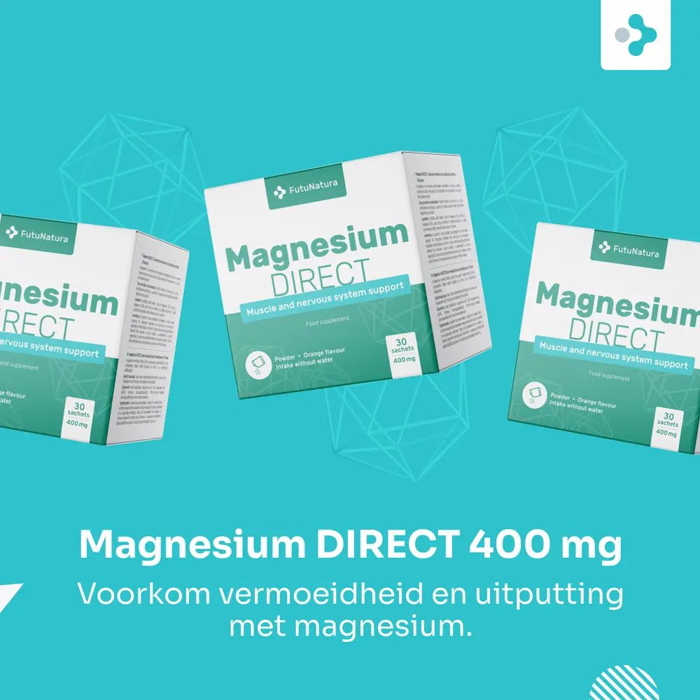 FutuNatura Magnesium DIRECT 400 mg: drie dozen op blauwe achtergrond.