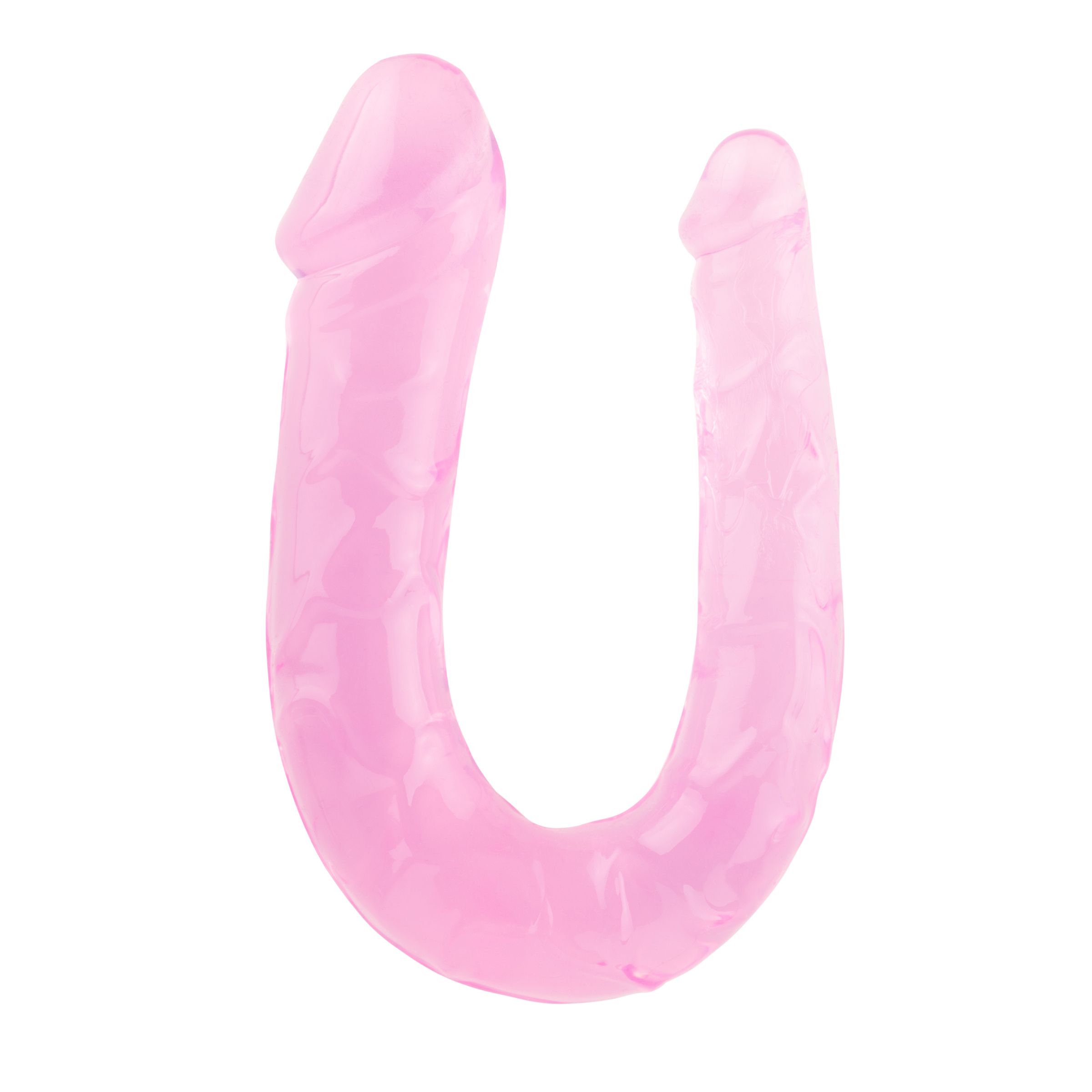 Roze, U-vormig intiem product. Twee uiteinden met verhoogde details. Glad oppervlak. Op witte achtergrond.