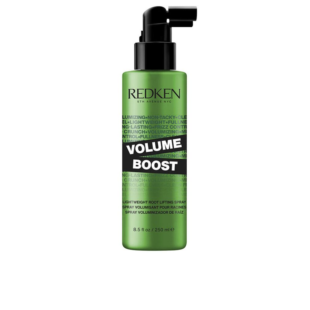 Flacon vert avec pompe noire, Redken Volume Boost Spray, 250 ml.