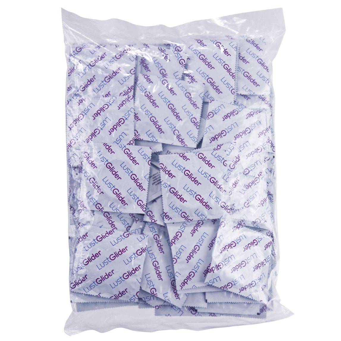 Grote plastic zak met 100 individueel verpakte LustGlider Classic condooms. Aanduiding "100 Stück".