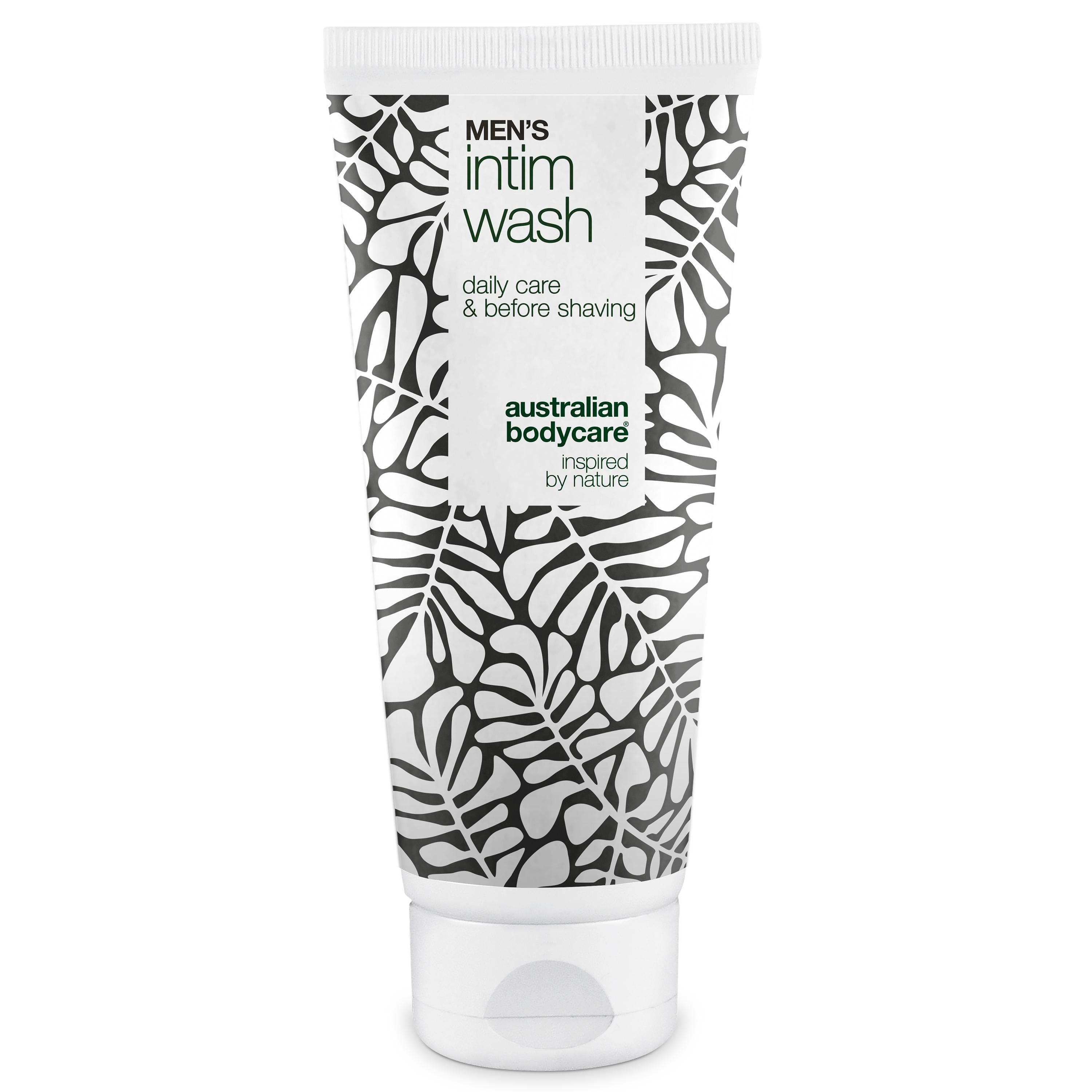 Tube de gel lavant intime pour hommes. Blanc, motif feuilles noires. Texte: Men's Intim Wash, Australian Bodycare.