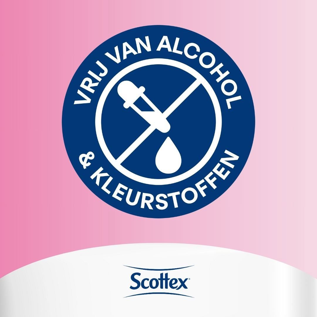 Ronde sticker met blauwe achtergrond. Tekst: "Vrij van alcohol & kleurstoffen". Scottex logo onderaan.