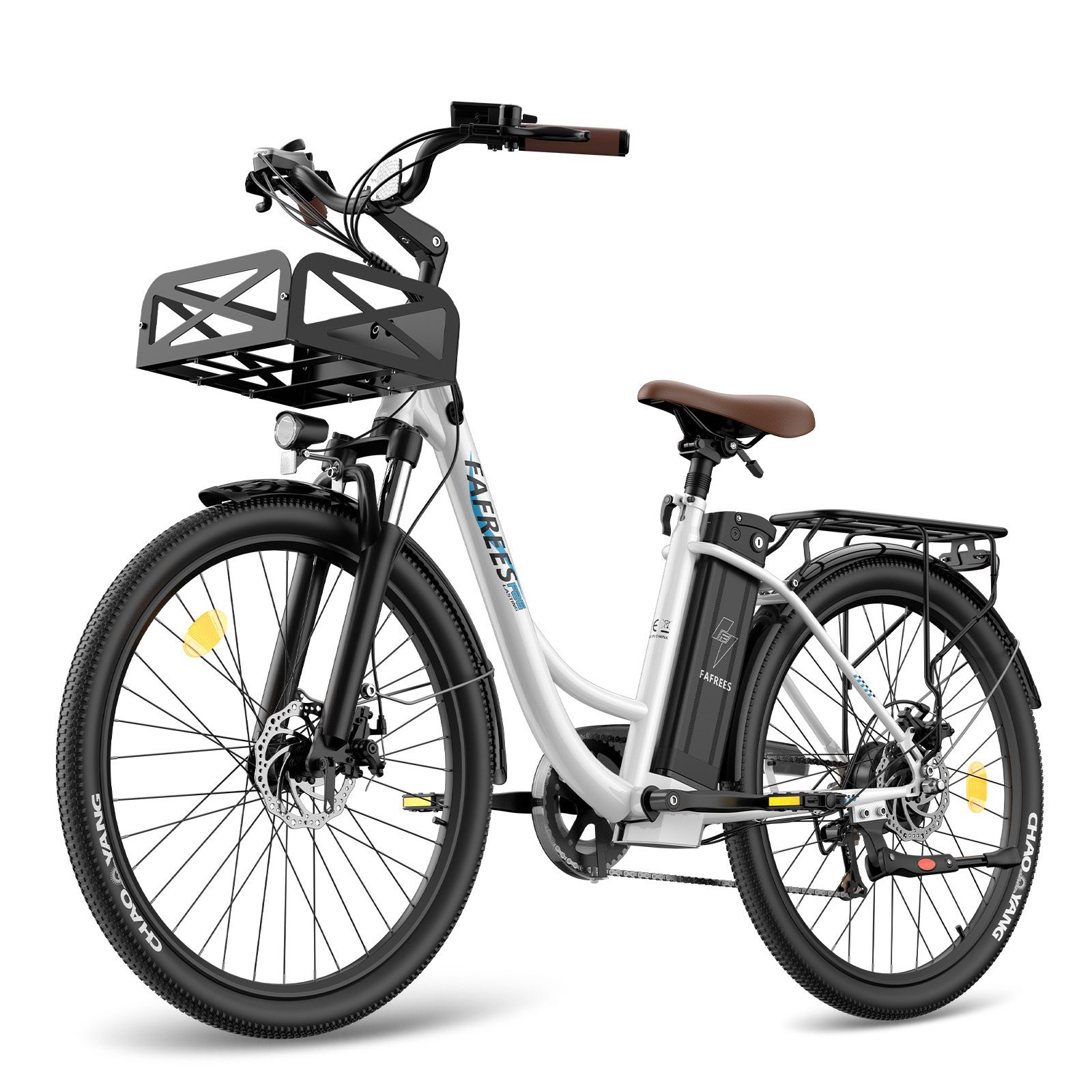 Vélo électrique Fafrees F26 blanc, avec panier. Pneus noirs, selle et poignées marron. Batterie sur cadre. Porte-bagages.