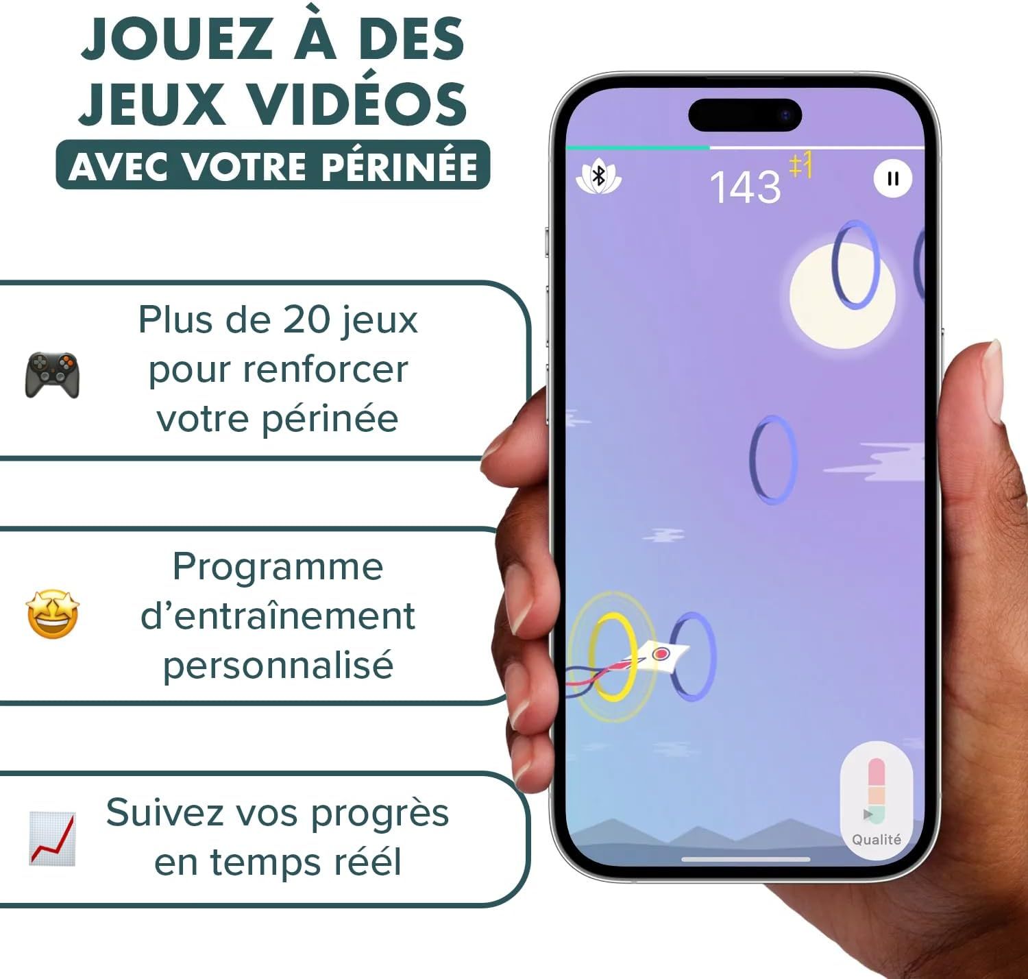 Smartphone avec l'application Perifit, montrant des jeux pour renforcer le périnée et les progrès d'entraînement.