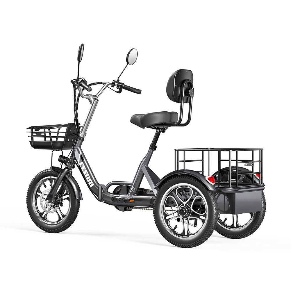 Tricycle cargo gris avec panier, porte-bagages et rétroviseurs. Marque Cysum.
