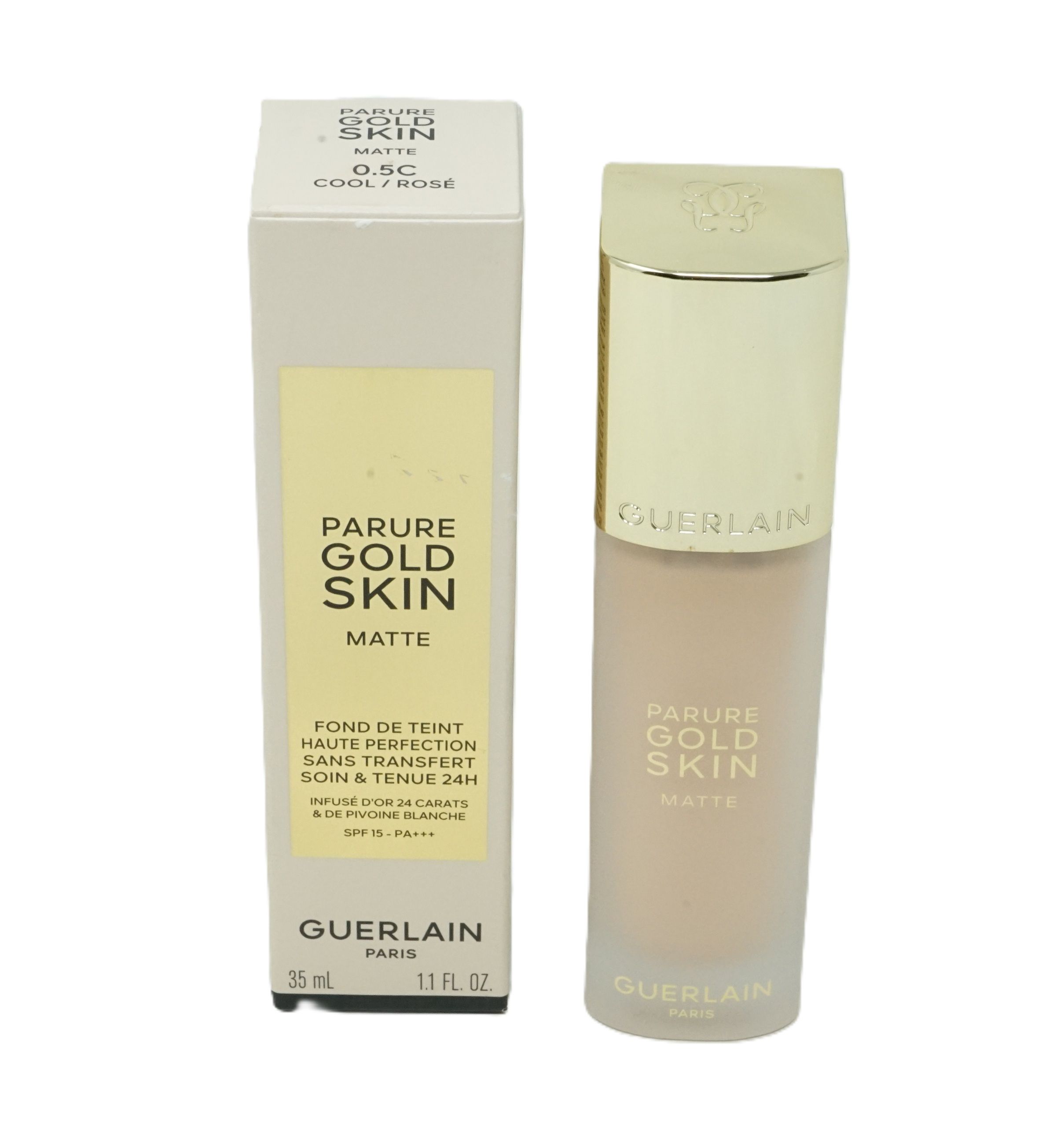 Guerlain Parure Gold Skin Matte foundation met verpakking. Fles met gouden dop.