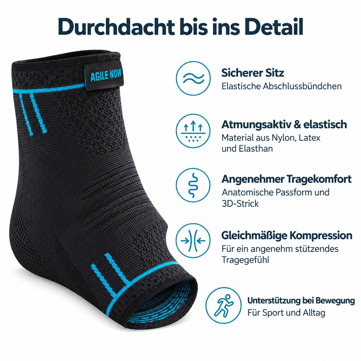 Zwarte enkelbrace met blauwe accenten, ademend en elastisch.