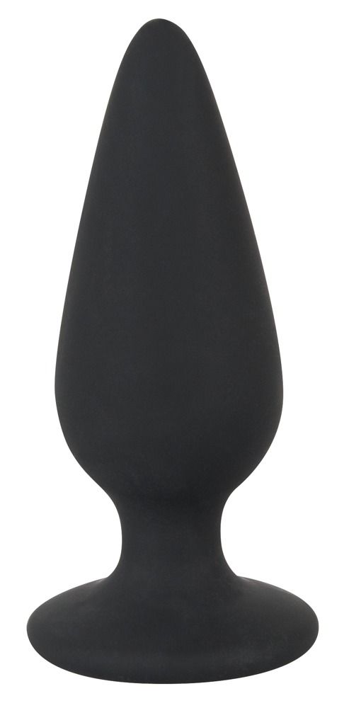 Zwarte anale plug met platte basis en taps toelopende vorm.