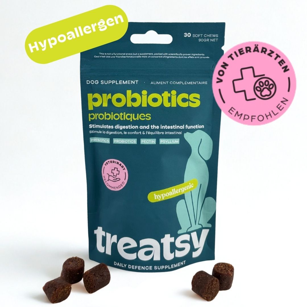 Sachet de probiotiques pour chiens. 30 friandises à mâcher. Hypoallergénique. Recommandé par les vétérinaires.