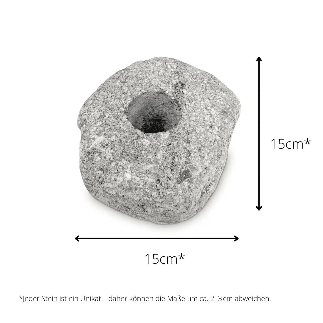 Pierre de sauna grise avec trou. Dimensions: 15x15cm. Texte: Chaque pierre est unique.