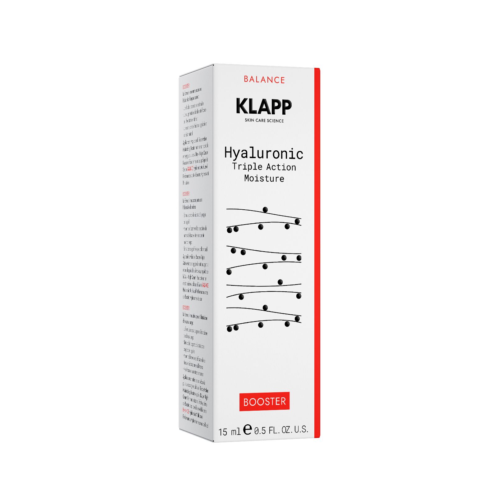 Witte doos met rode accenten. Opschrift: Klapp, Hyaluronic Triple Action Moisture Booster. 15 ml.