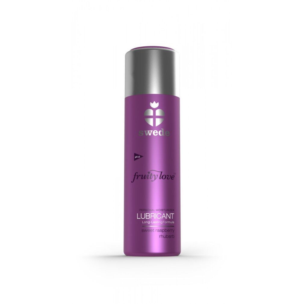 Bouteille violette avec bouchon argenté, lubrifiant 'swede fruity love'.