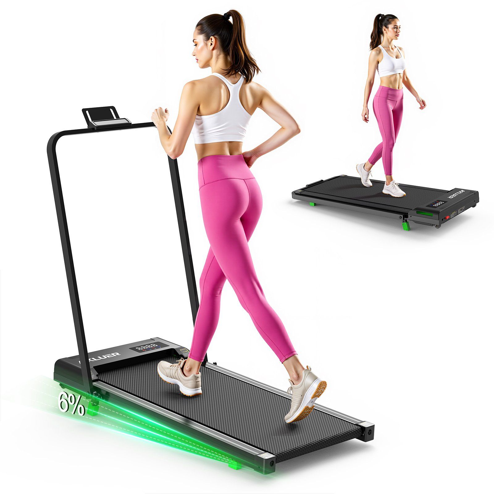 Tapis roulant pliable noir avec femme en tenue rose, inclinaison manuelle de 6%.