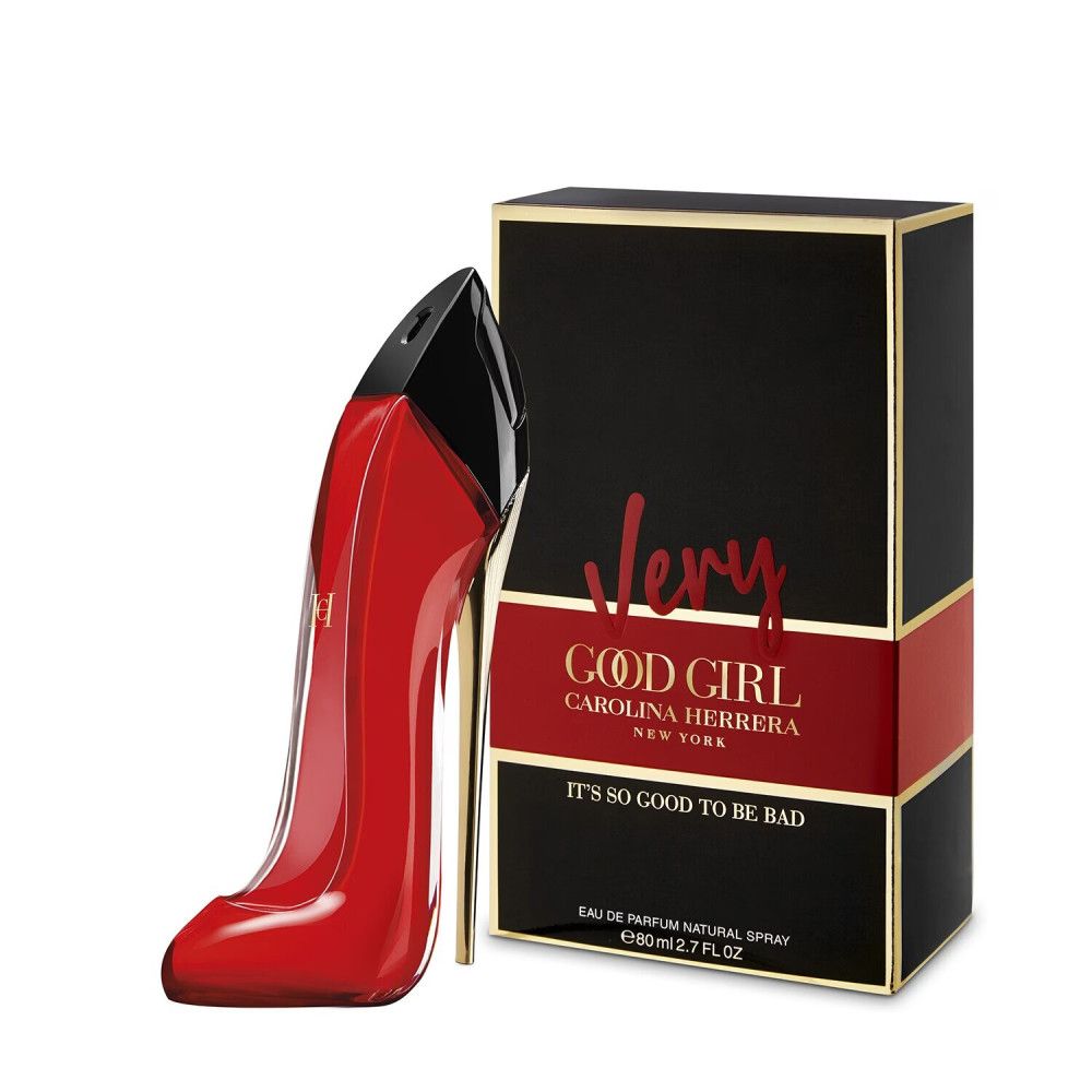 Rode high heel fles en verpakking. Zwarte dop, gouden zool. Opschrift: Very Good Girl, Carolina Herrera.
