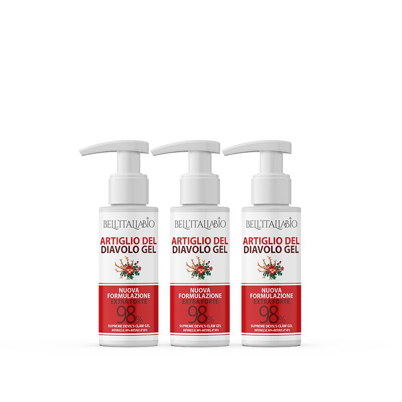 Trois flacons blancs avec pompe. Étiquettes avec "Artiglio del Diavolo Gel" et "98".