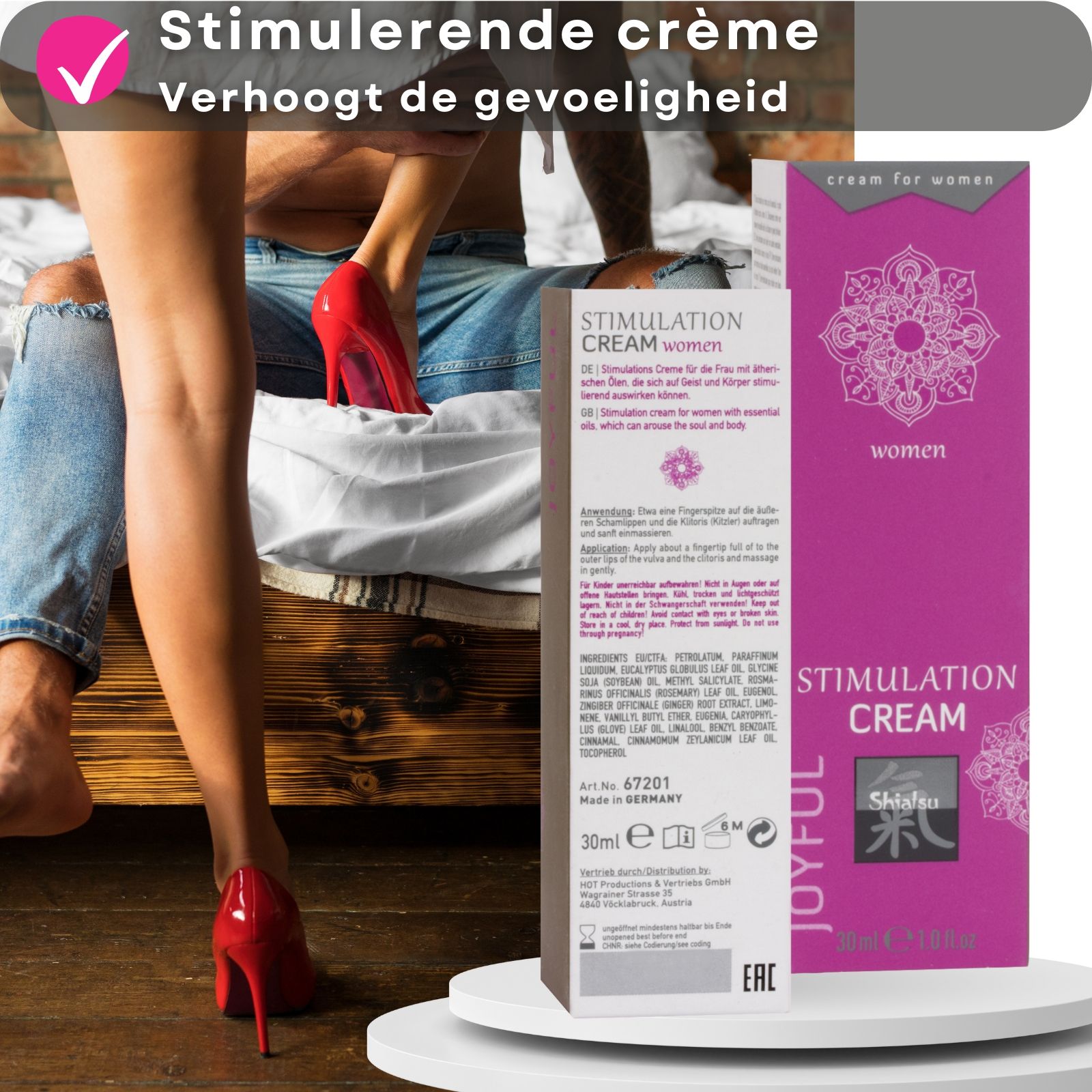Roze tube en doos. Opschrift: Stimulation Cream, Shiatsu, Joyful. Tekst en vrouw met schoenen.