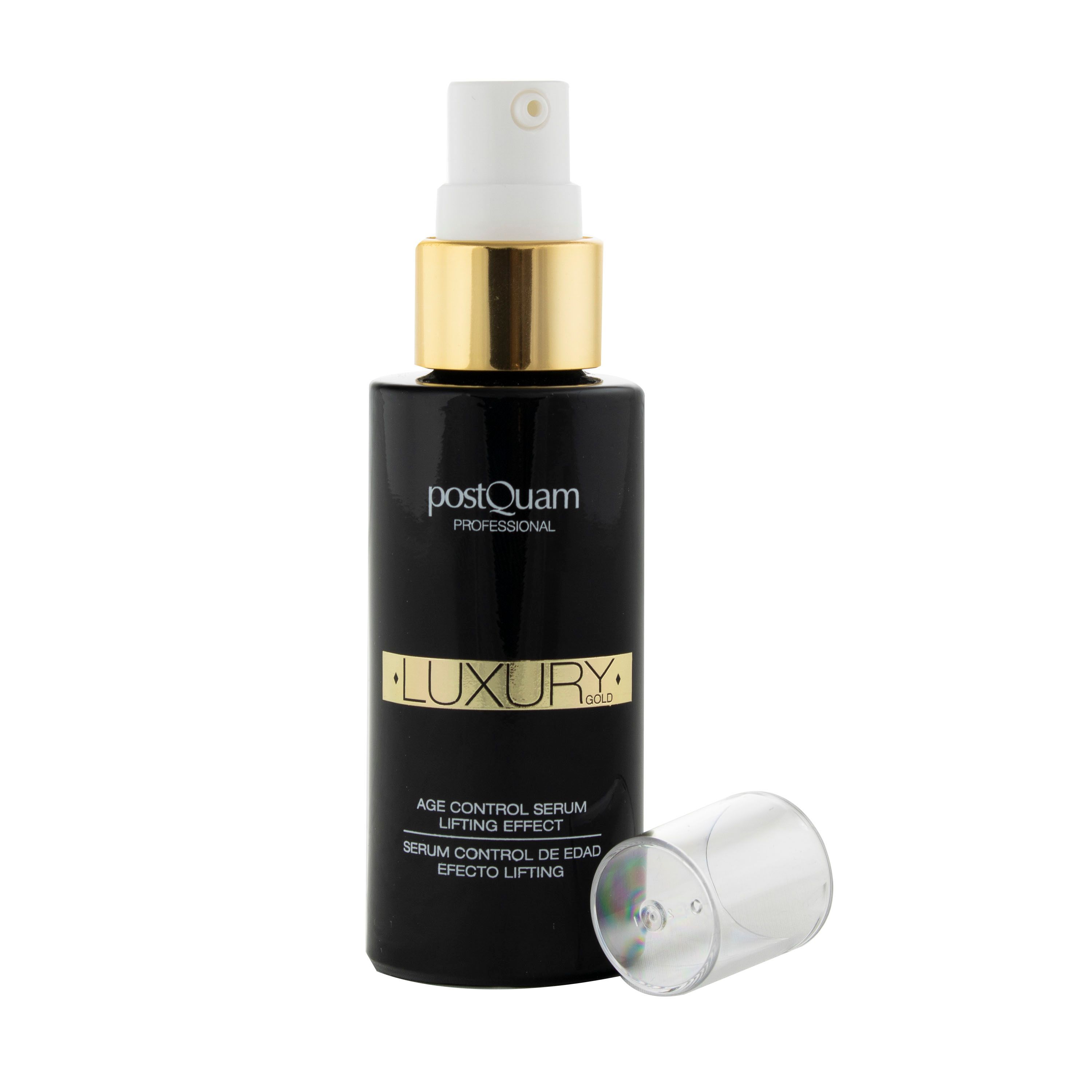 Flacon noir avec bouchon ouvert. Inscriptions: Postquam, Luxury, Age Control Serum.