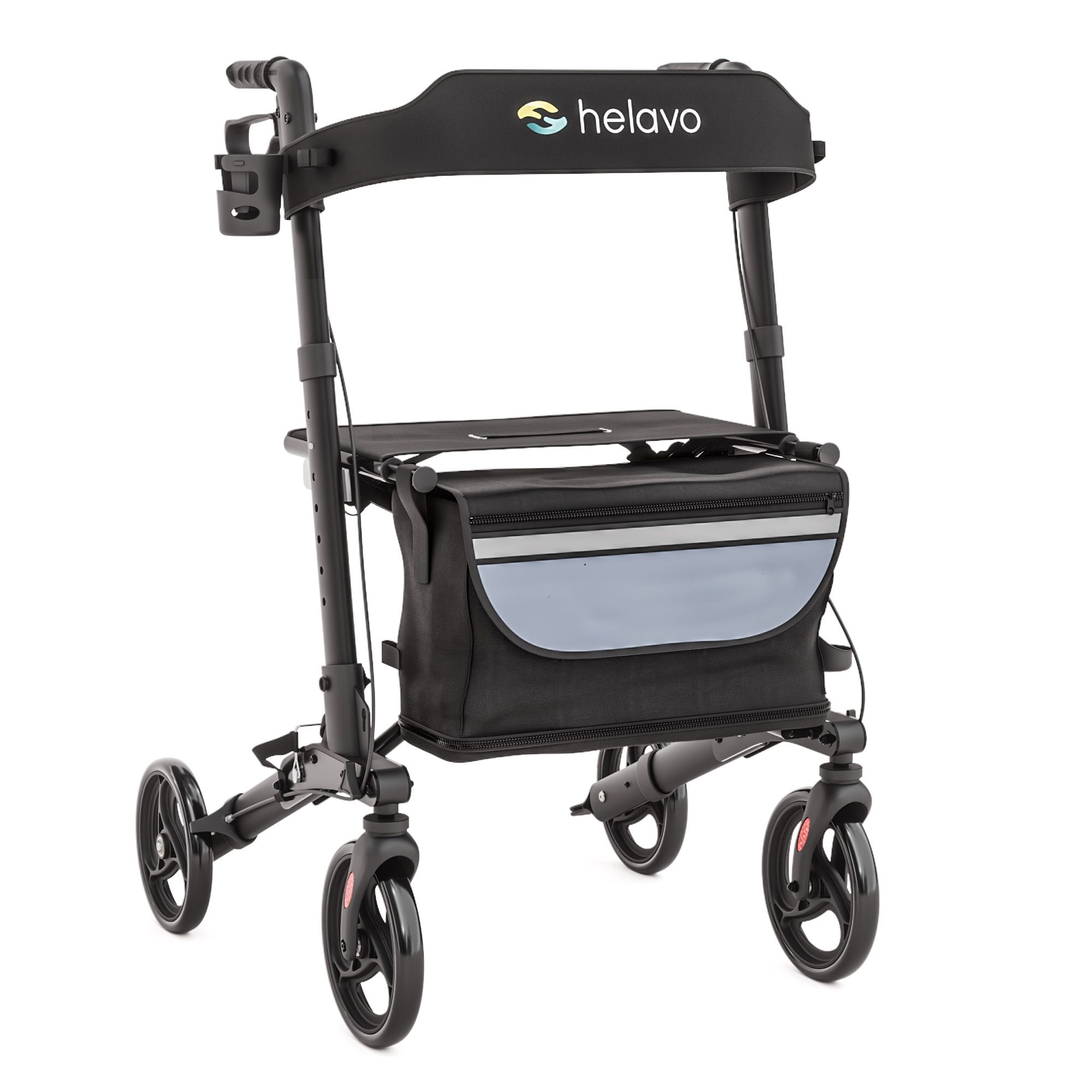Rollator pliable en aluminium noir avec siège, sac et porte-gobelet. Léger.