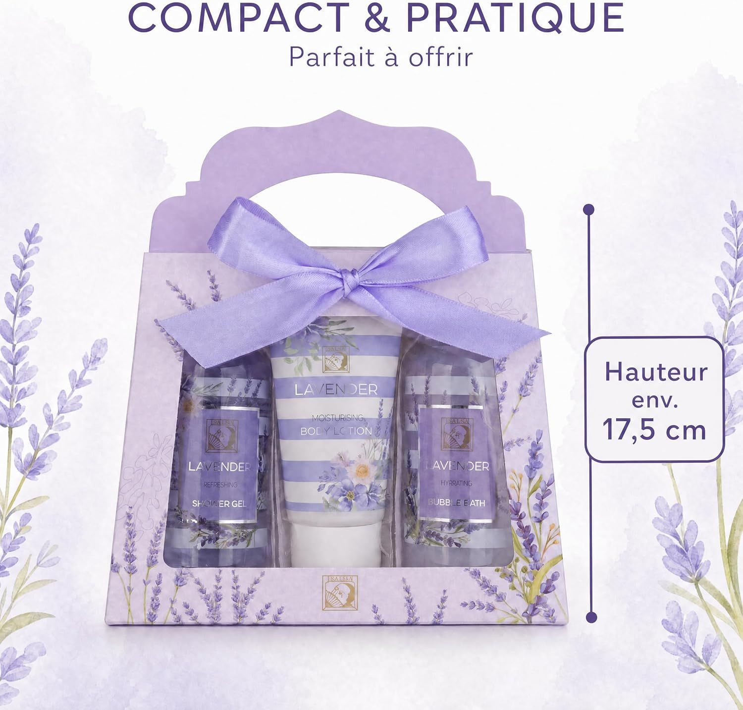 Coffret cadeau lavande avec crème pour les mains et deux gels douche, emballage violet, hauteur env. 17,5 cm.