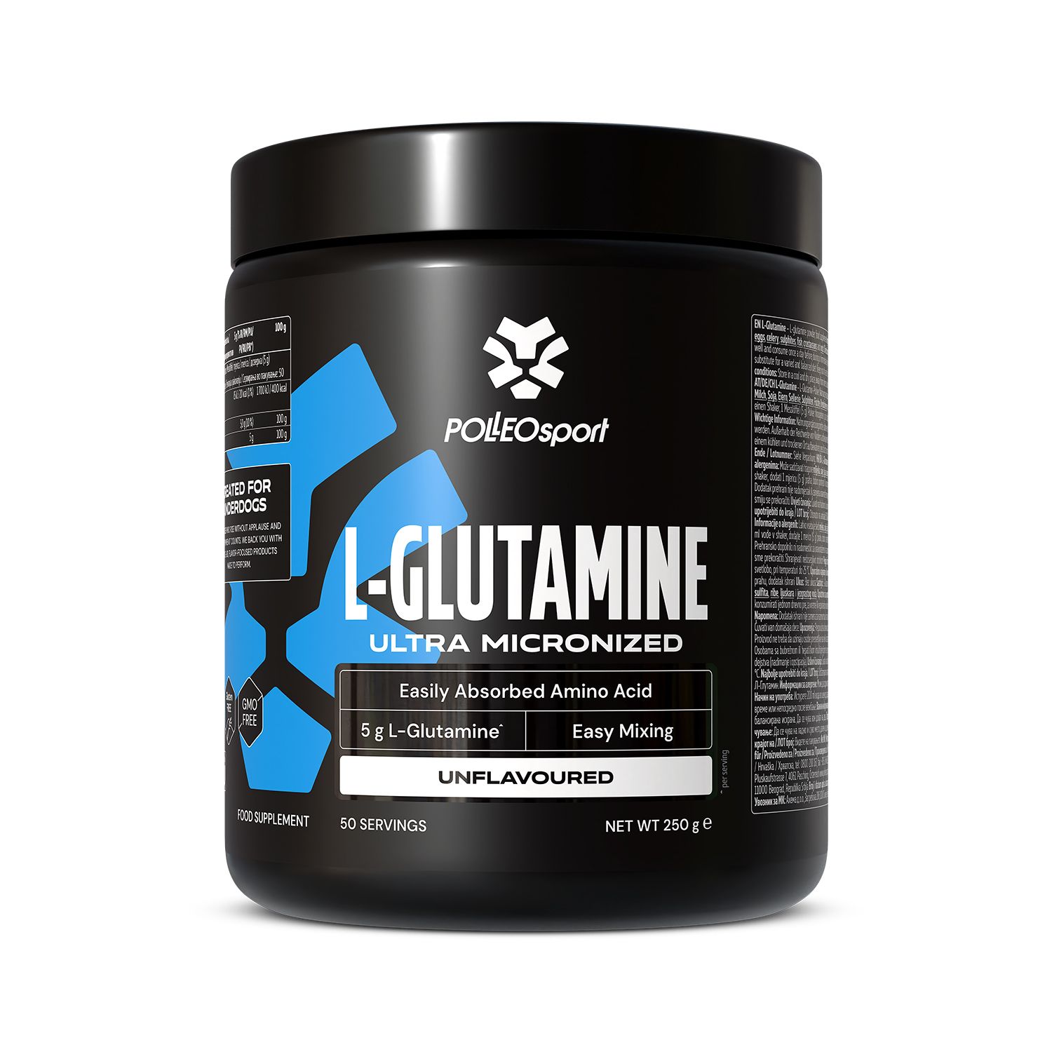 Zwarte container met L-Glutamine poeder, ultra gemicroniseerd, 250g.