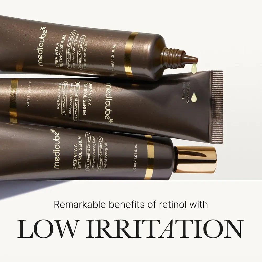 Plusieurs tubes Medicube Deep Vita A Retinol Serum. Texte : "Bienfaits remarquables du rétinol avec FAIBLE IRRITATION".