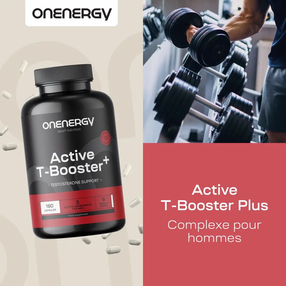 Bouteille OnEnergy Active T-Booster Plus à côté d'haltères dans une salle de sport. "Complexe pour hommes."