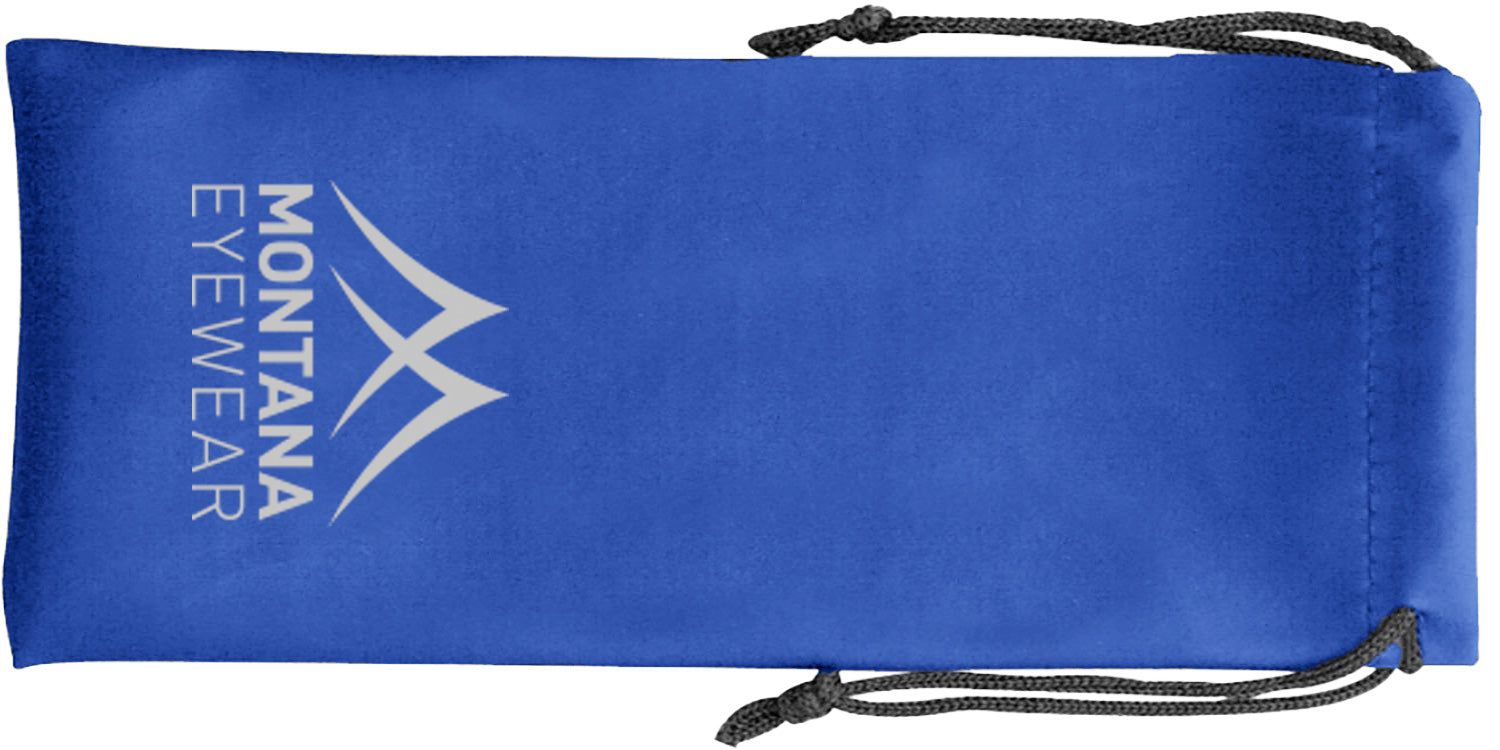 Pochette à lunettes bleue avec cordon de serrage. "MONTANA EYEWEAR" et un logo sur la pochette.