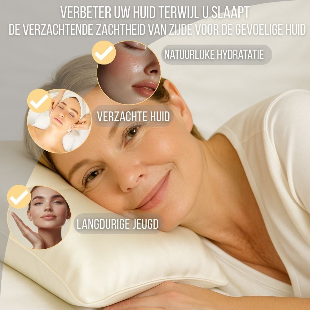 Crèmekleurige zijden kussensloop. Tekst en afbeeldingen met productvoordelen.