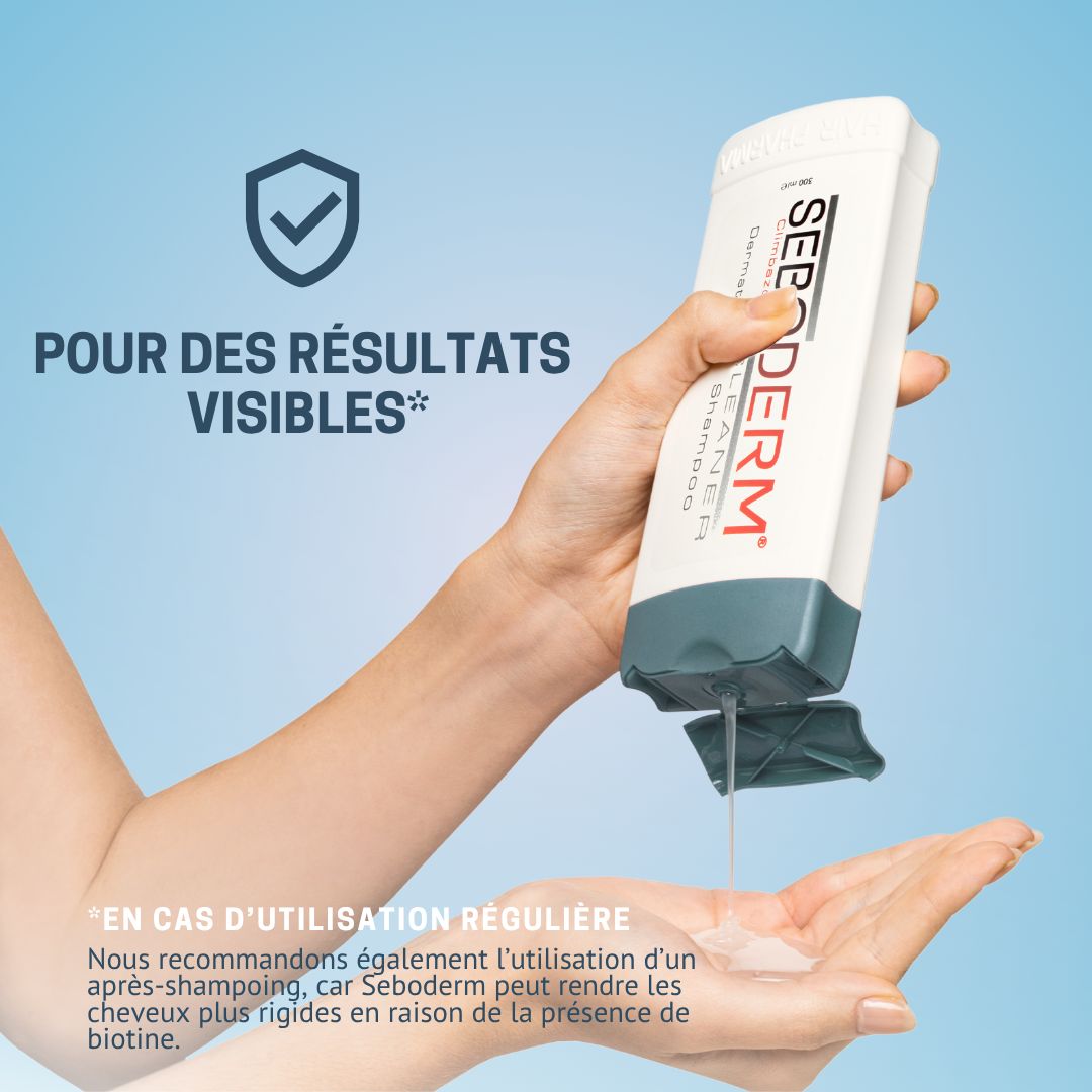 Main versant Seboderm Cleaner Shampoo, pour des résultats visibles.