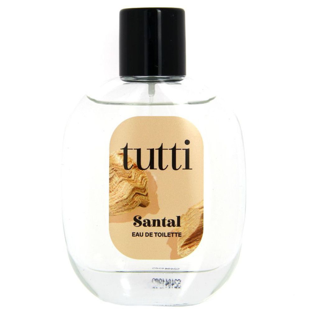 Flacon Eau de Toilette Santal. Bouchon noir. Étiquette bois et logo.