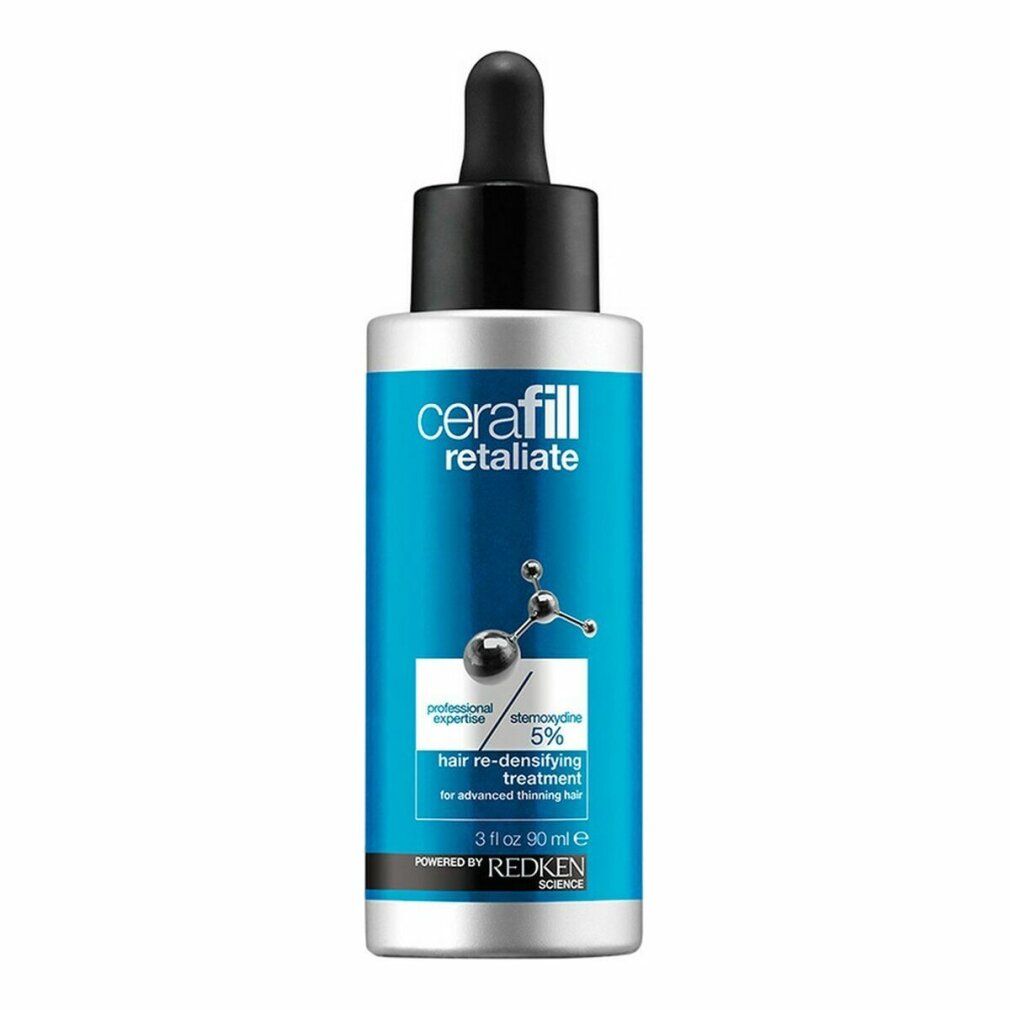 Cerafill Retaliate-behandeling. Blauwe fles met zwarte druppelaar. Bevat 5% Stemoxydine. Voor dunner wordend haar.