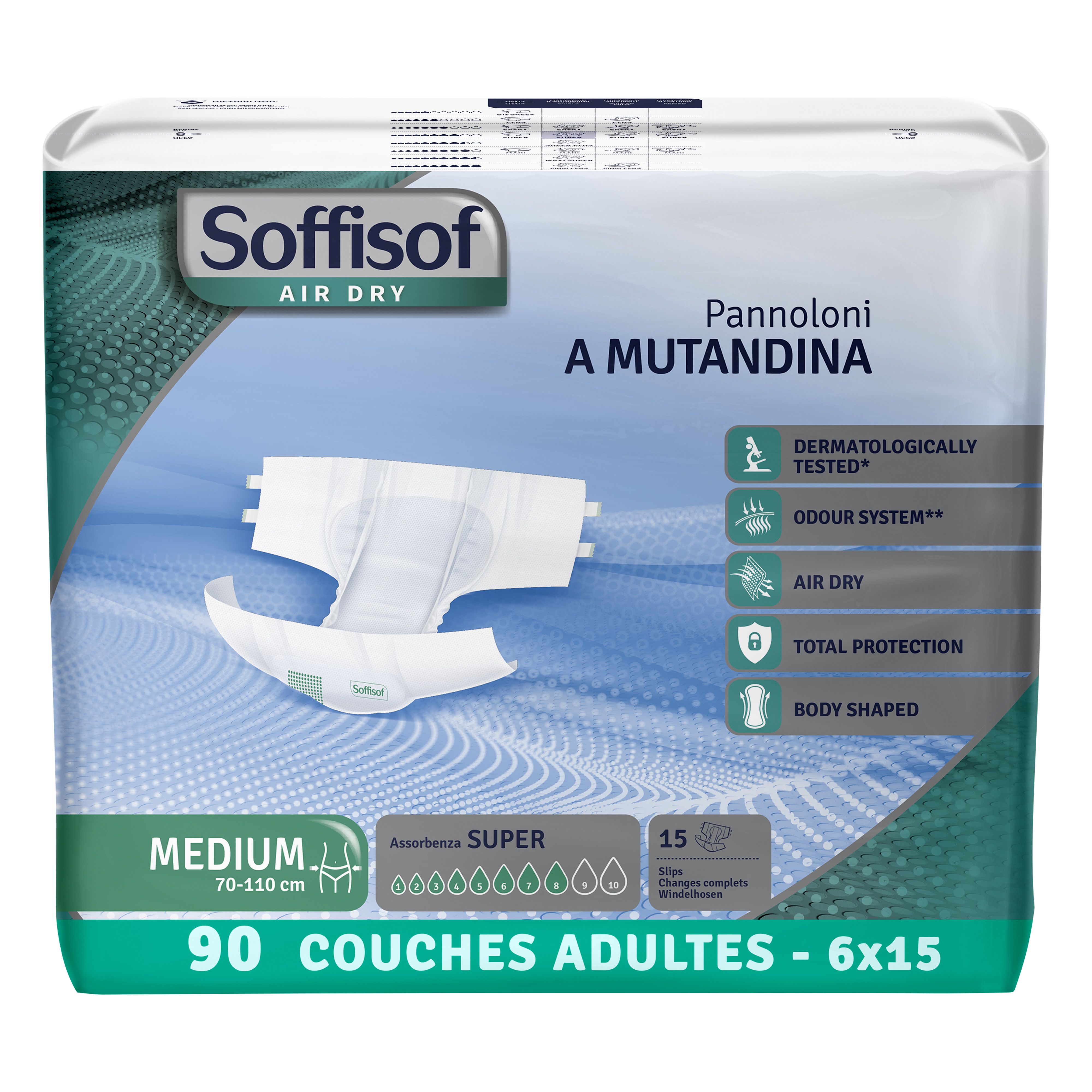 Paquet de 90 couches pour adultes. Taille Medium, 70-110 cm. Avec absorption SUPER. Testé dermatologiquement.