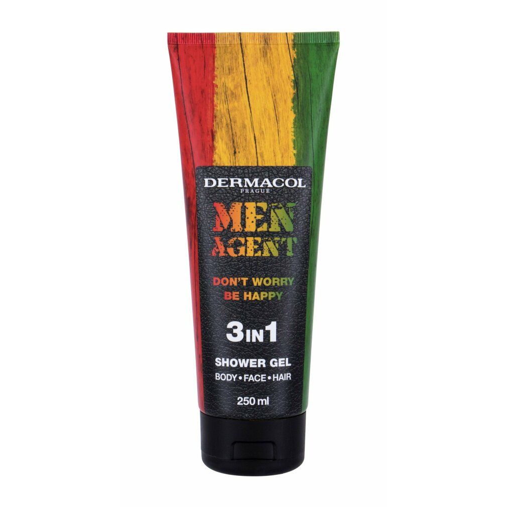 Tube de gel douche avec motif rouge-jaune-vert. Zone noire avec texte: MEN AGENT, 3in1, gel douche. Marque: Dermacol.