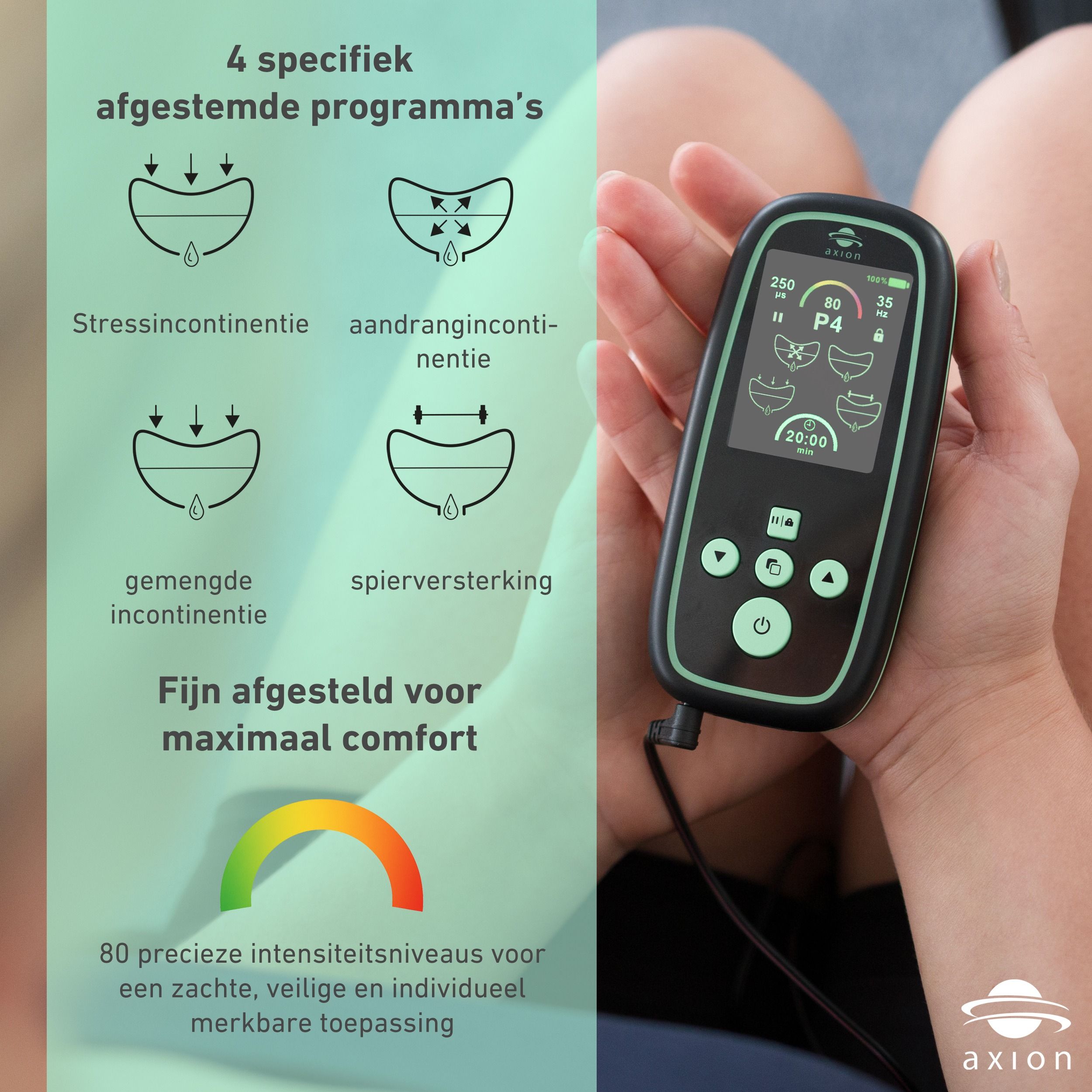 axion® I-3000 bekkenbodemtrainer met display. 4 programma's voor incontinentie en spierversterking. Kleurverloop.