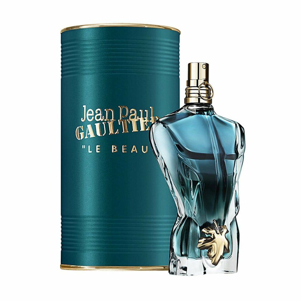 Blauwgroene torsofles met gouden sluiting en blad. Doos met opschrift: Jean Paul Gaultier, Le Beau.