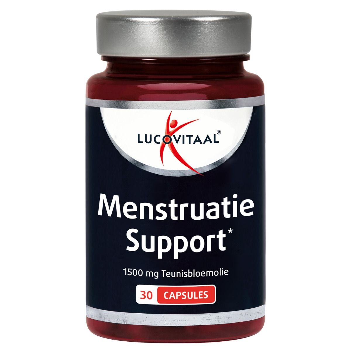 Bruine fles met zilveren dop. Opschrift: Menstruatie Support, 1500 mg Teunisbloemolie, 30 capsules. Logo Lucovitaal.