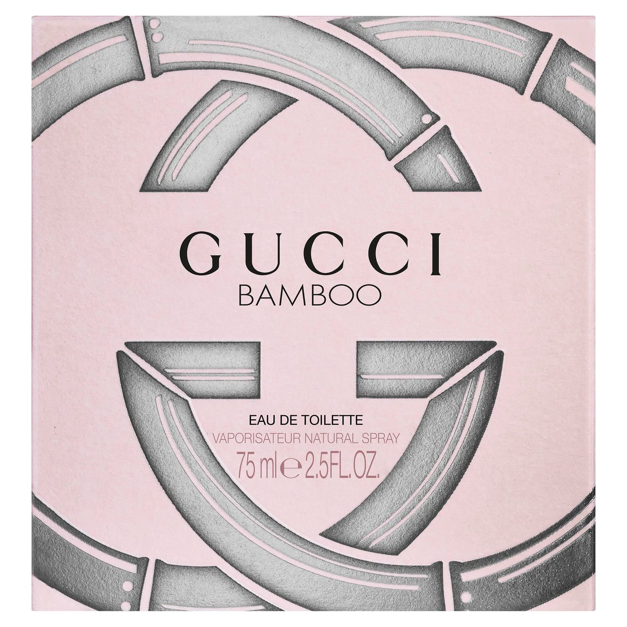Gucci Bamboo Eau de Toilette Spray. Emballage avec logo et nom du produit. Fond rose avec motif bambou. Texte: Eau de Toilette, 75 ml.