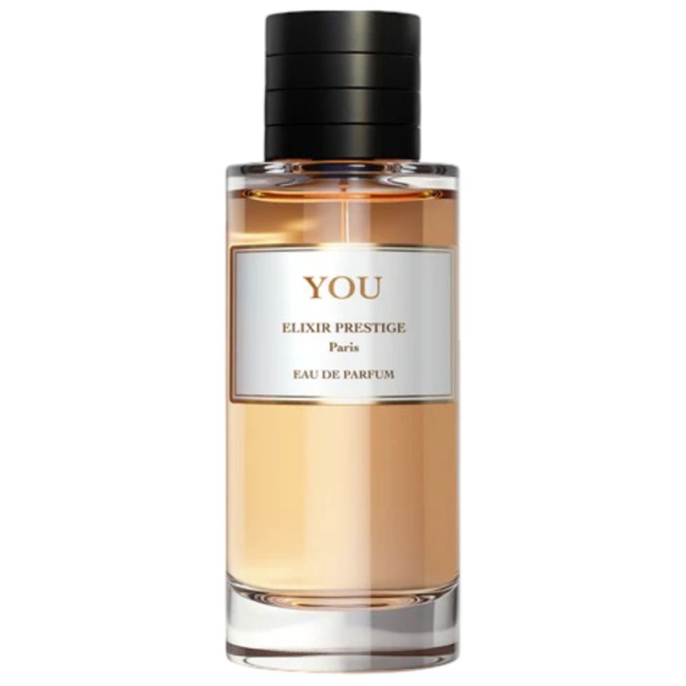 Flacon de parfum avec bouchon noir. Étiquette blanche avec inscription YOU, Elixir Prestige, Eau de Parfum. Flacon transparent avec liquide doré.