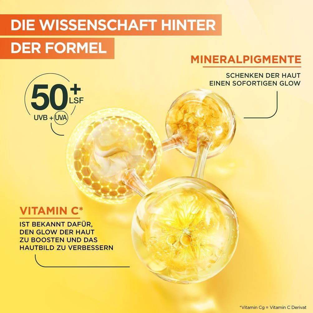 Illustratie van ingrediënten. Gele achtergrond. Tekst: Vitamine C, minerale pigmenten. SPF 50+. De wetenschap achter de formule.