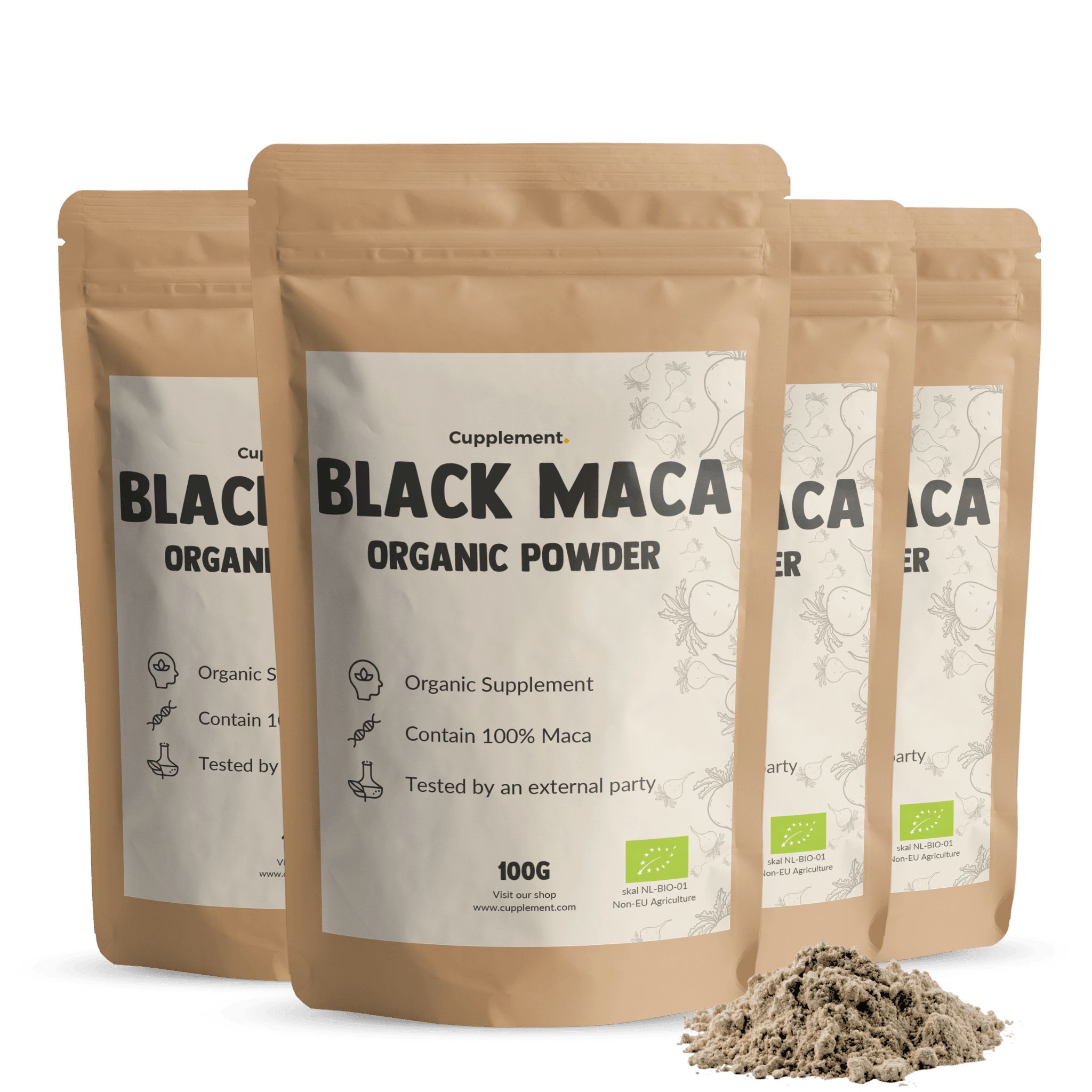 Vier zakken Cupplement® Zwarte Maca Poeder Bio. Bruine zakken met wit etiket. Poederhoop onderaan.