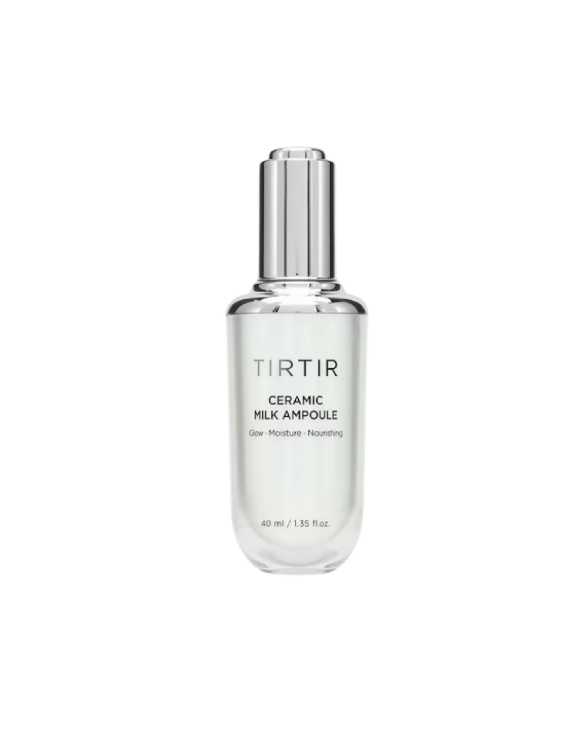 Glazen fles met zilveren dop. Opschrift: TIRTIR CERAMIC MILK AMPOULE. Volume: 40 ml / 1.35 fl.oz.