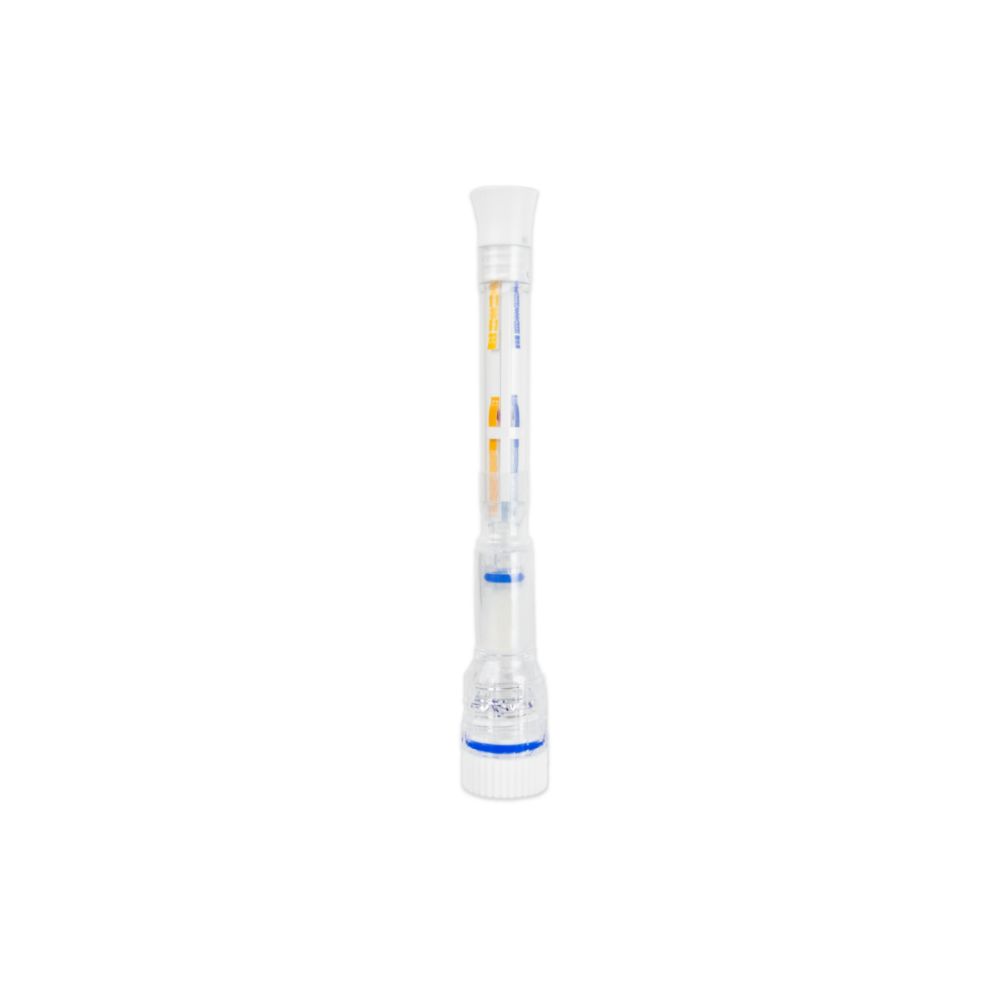 Bâtonnet de test pour test rapide ECOTEST. Boîtier transparent avec marquages colorés. Support blanc.