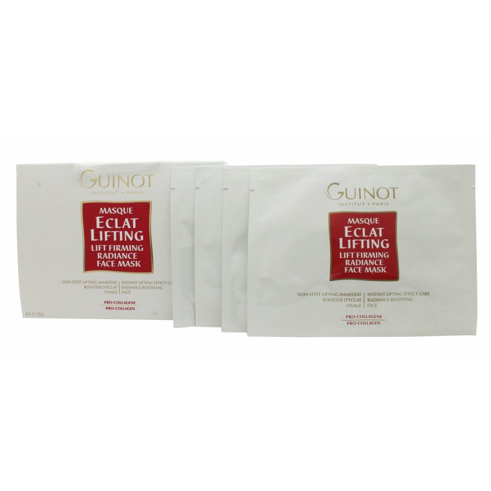 Masques Guinot Masque Eclat Lifting. Plusieurs sachets individuels. Sachets blancs avec rectangle rouge et informations produit. Texte: Lift Firming Radiance Face Mask.