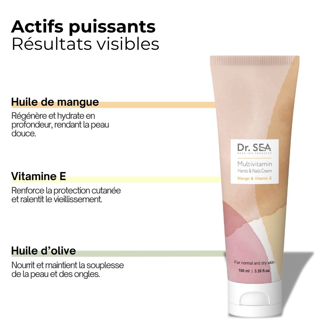Tube de crème. Inscription : Dr. SEA, Multivitamin, Hands & Nails Cream, Mango & Vitamin E. Texte sur les avantages de la crème.